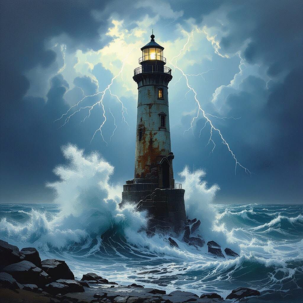 Lighthouse Against Stormy Seas in Oil Painting Style