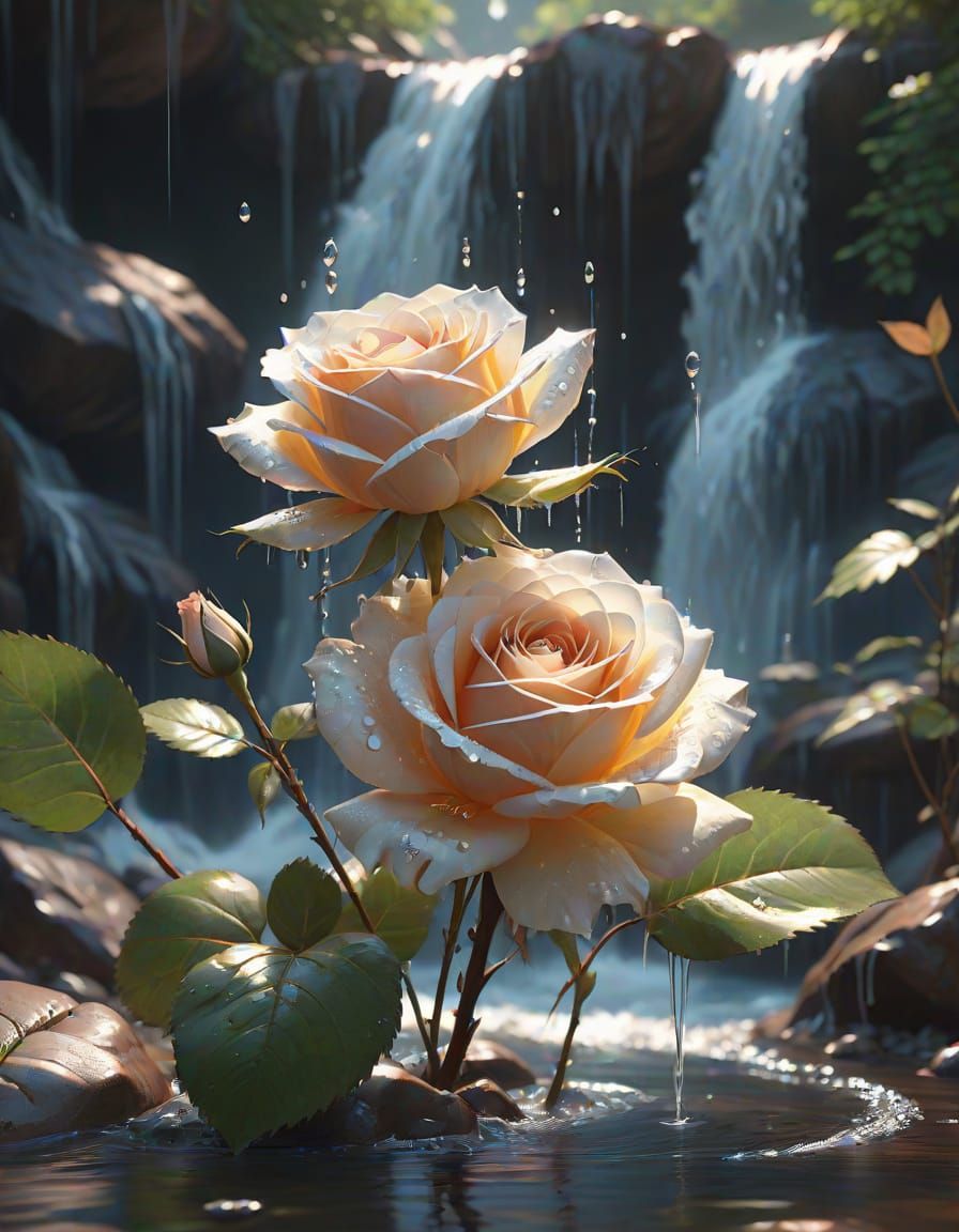 Ethereal Water Rose in Anime-Style 3D Rendering