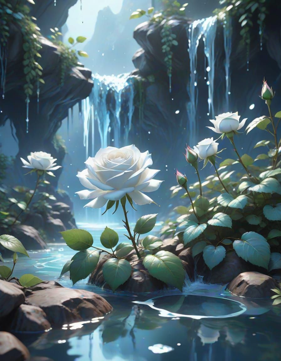 Ethereal Water Rose in a Dreamlike Cascade