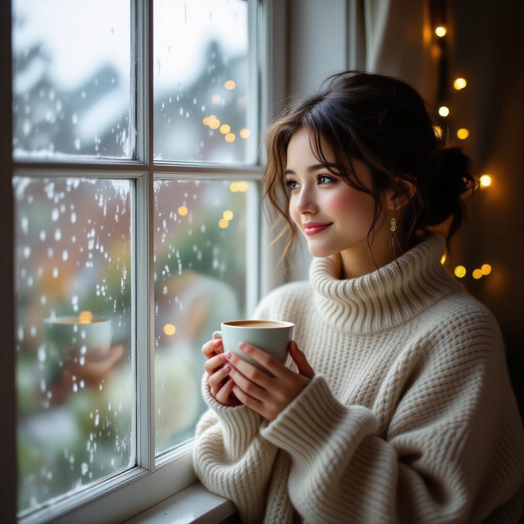 Girl with Chai Watching Rain: Serene Anime Scene