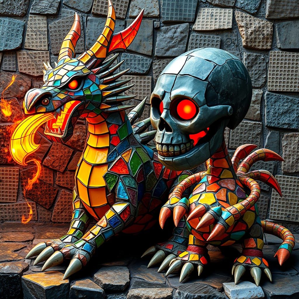 Surreal Dragon Mosaic with Vibrant Glass Scales and Geometri...
