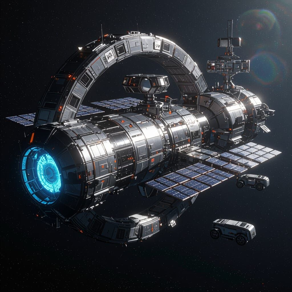 Futuristic Space Station in Orbit, NASA Concept Art Style