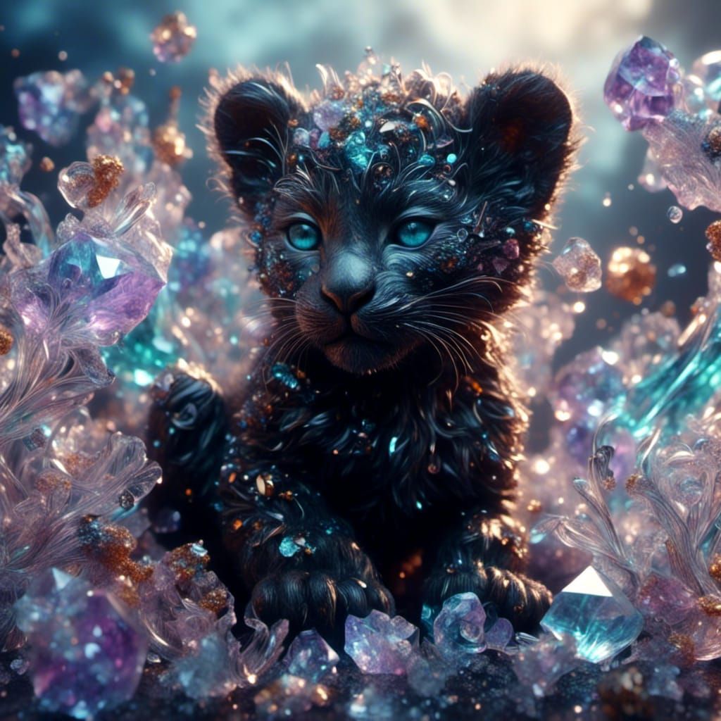Black Leopard Cub Among Fluorite Crystals