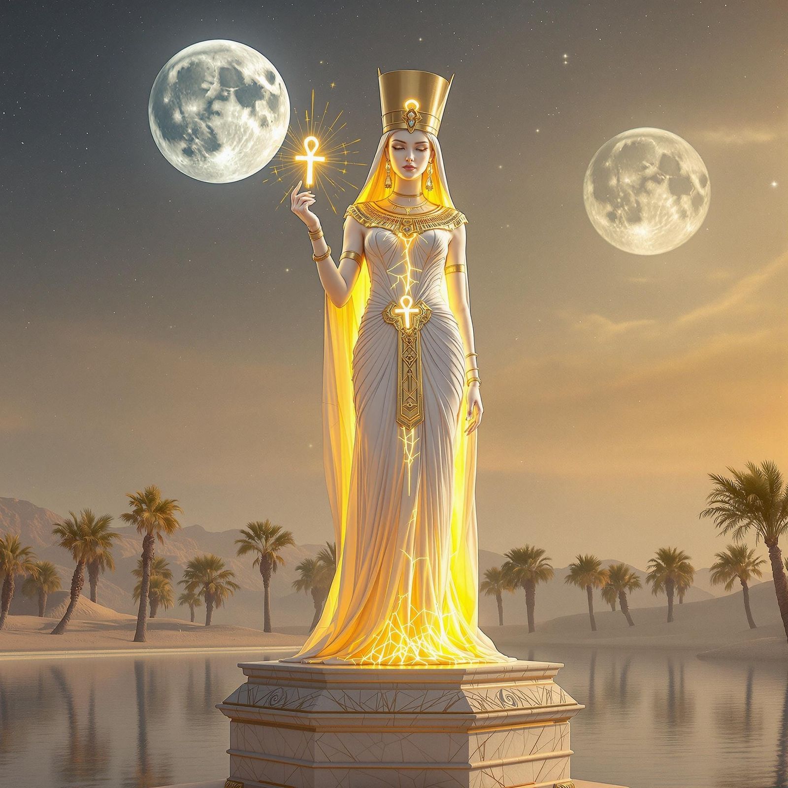 Egyptian Goddess in Hyperrealistic Oasis Scene