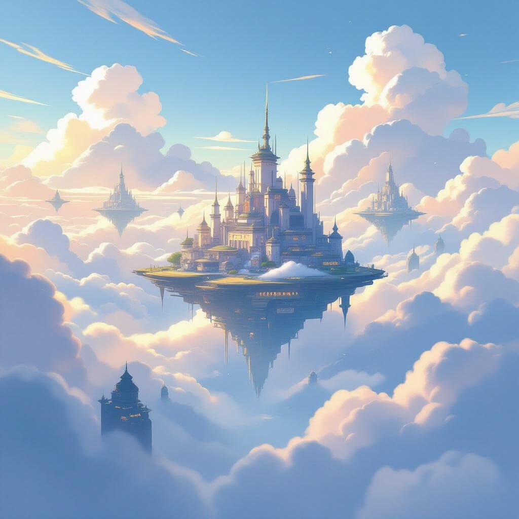 Ethereal Floating City in Dreamy Watercolor Style