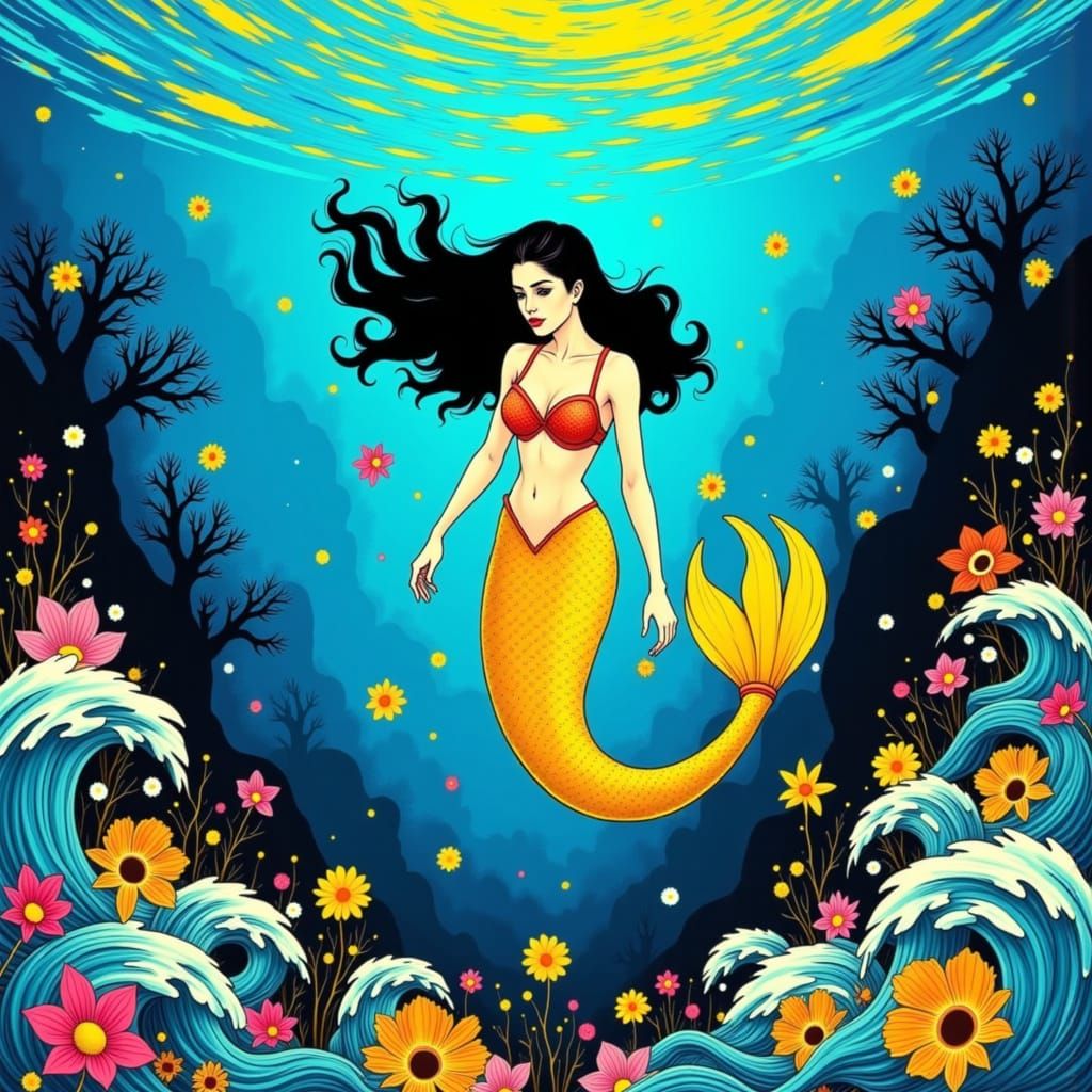 Yellow Mermaid in Blue Ocean, Comic Pop Art Style