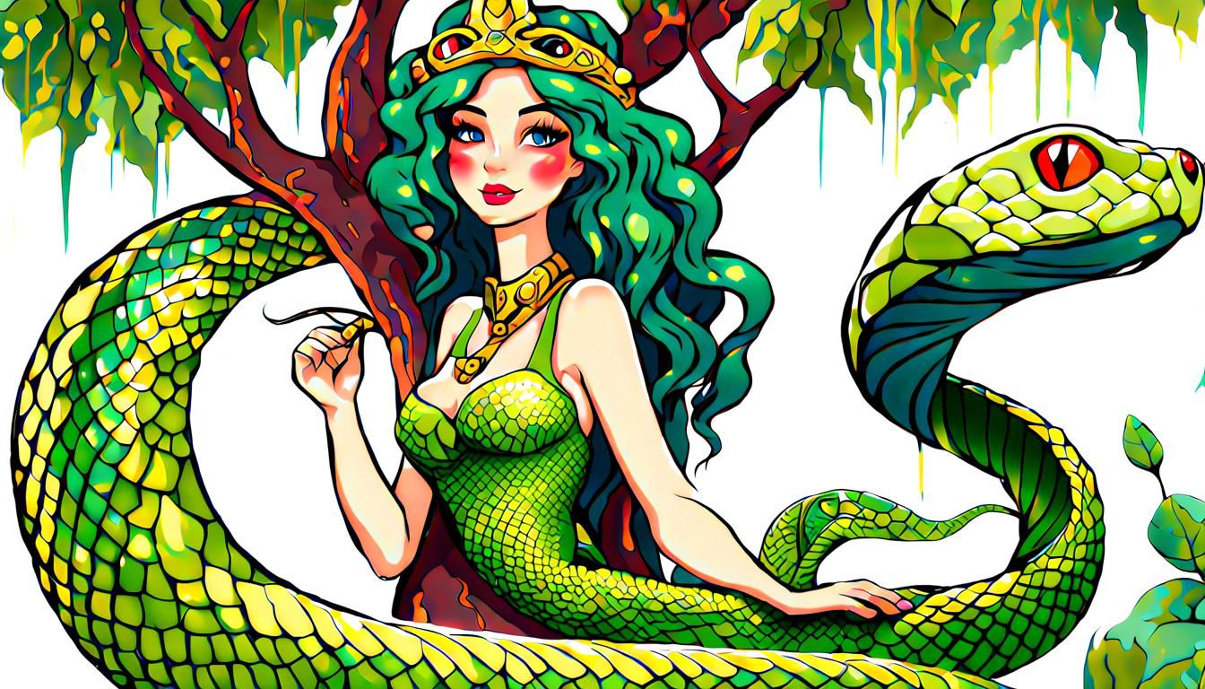 Snake Woman Climbing Tree in Kawaii Style