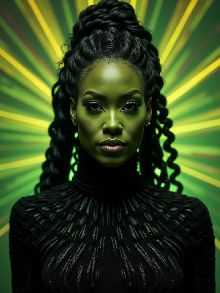 Green-Skinned Elphaba from Wicked in Cyberpunk Digital Art