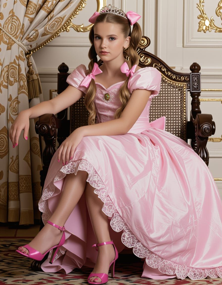 Princess on Throne in Pink Dress with Pigtails and Bows