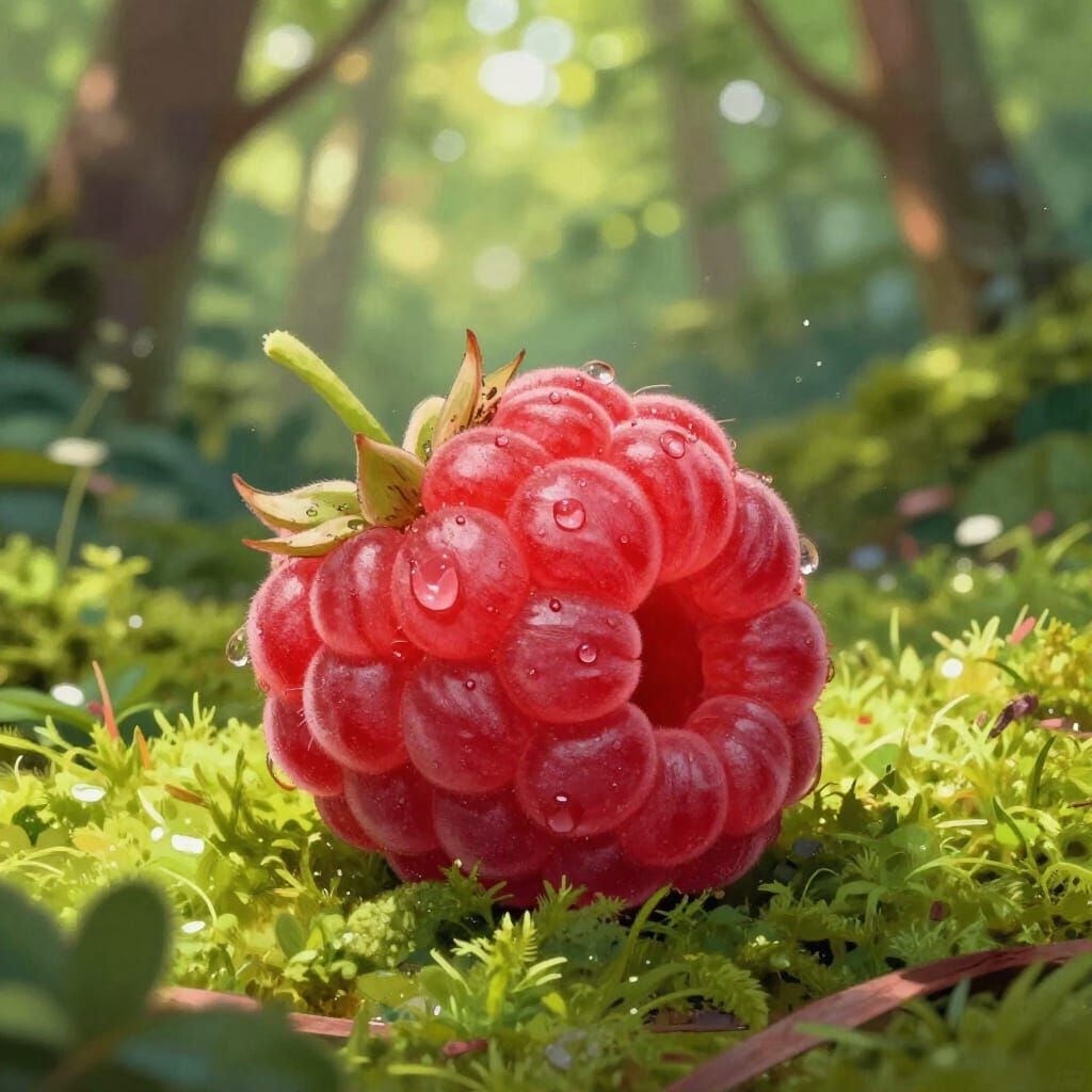 Cute Raspberry on Mossy Forest Floor Illustration