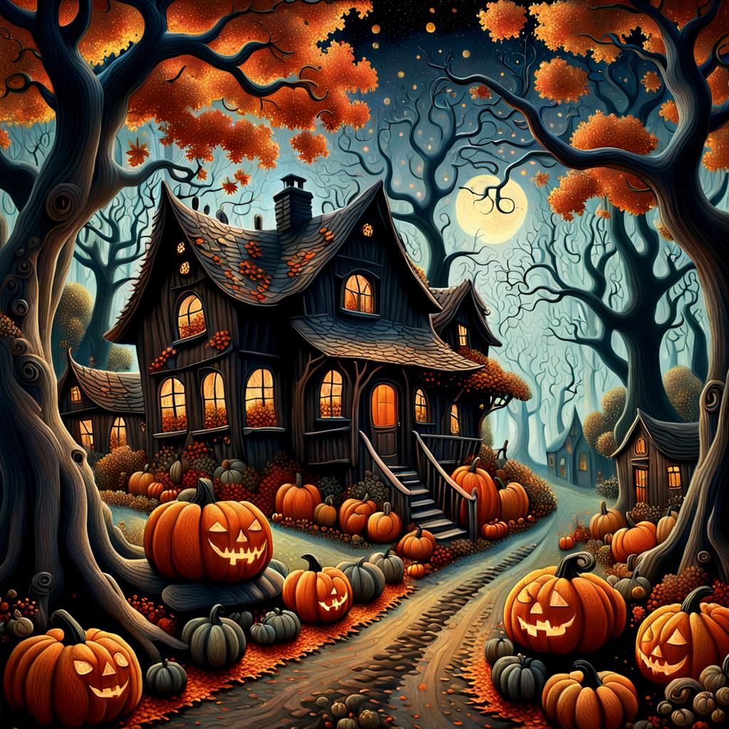 Mystical Autumn Cottage in Dark Fantasy Art