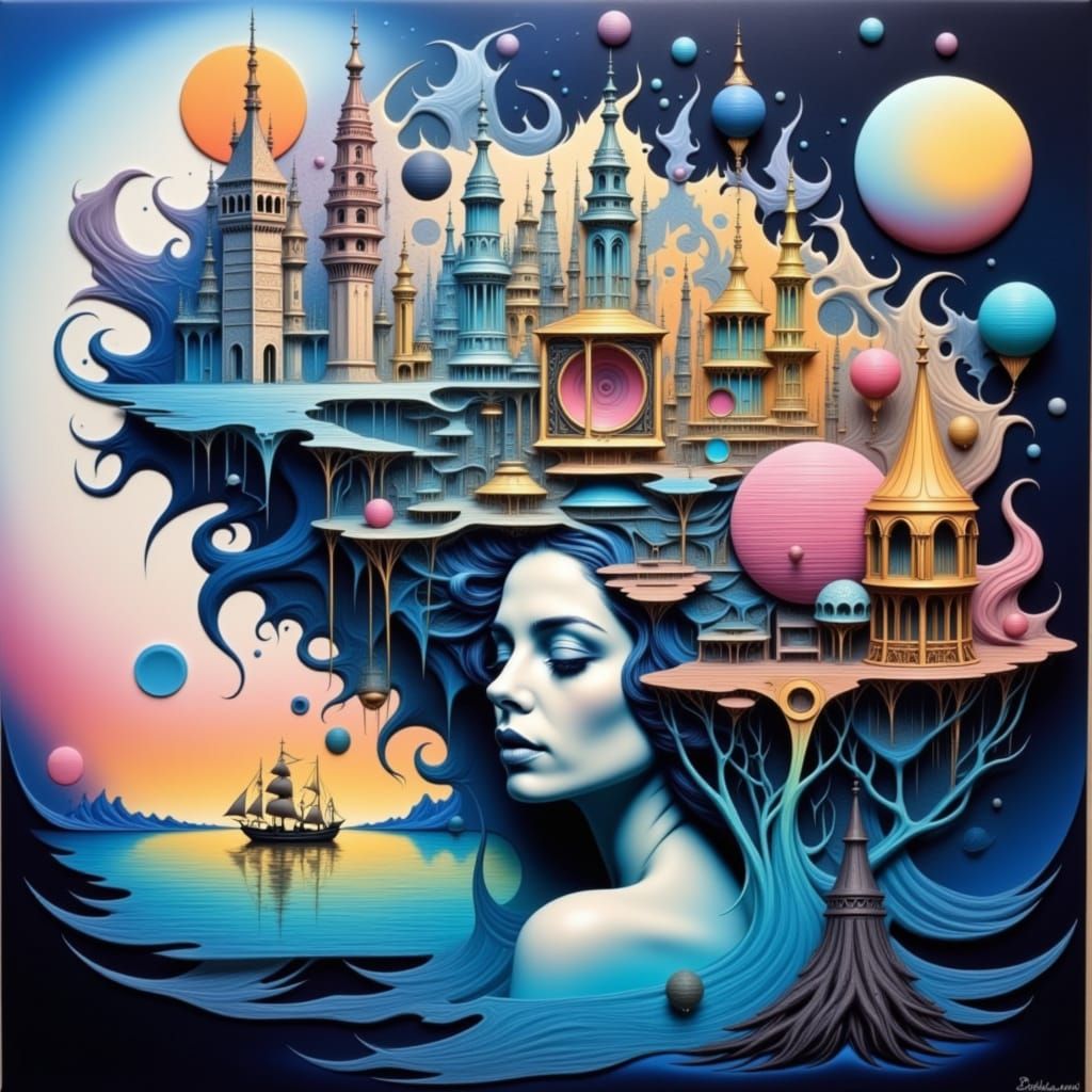 Serene Goddess Among Shattered Realms in Cyberpunk Style