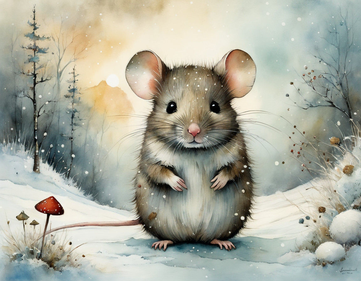 Whimsical Snowy Winter Scene with a Little Mouse