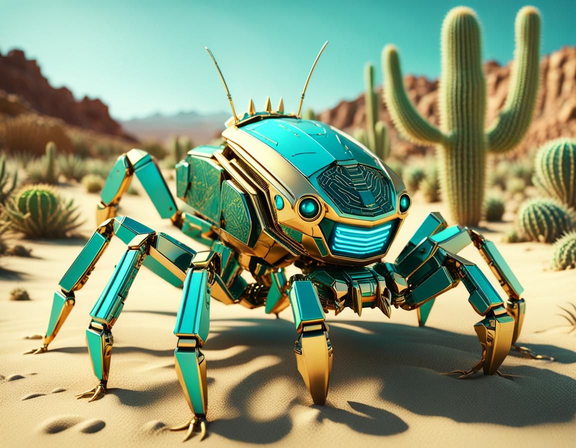 Gold and Turquoise Robot Scorpion in Art Nouveau Style