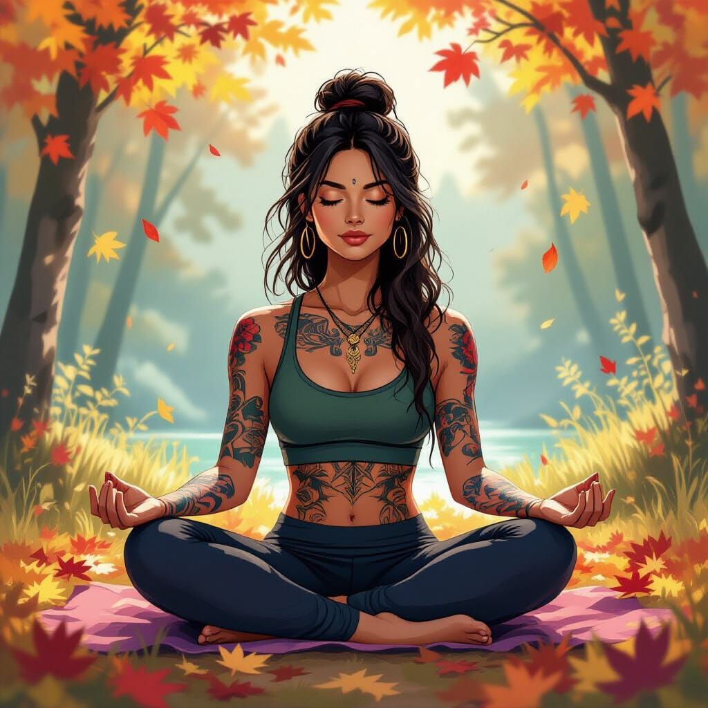 Meditative Tattooed Woman in Autumn Landscape