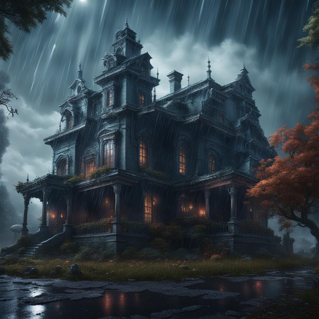 Spooky Mansion in Rain: Detailed Matte Painting