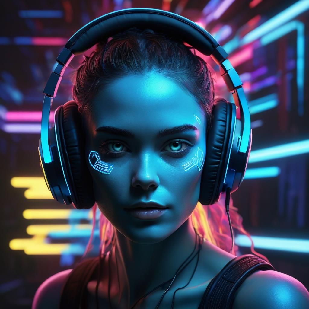 Futuristic Portrait with Glowing Headphones in Neon Light