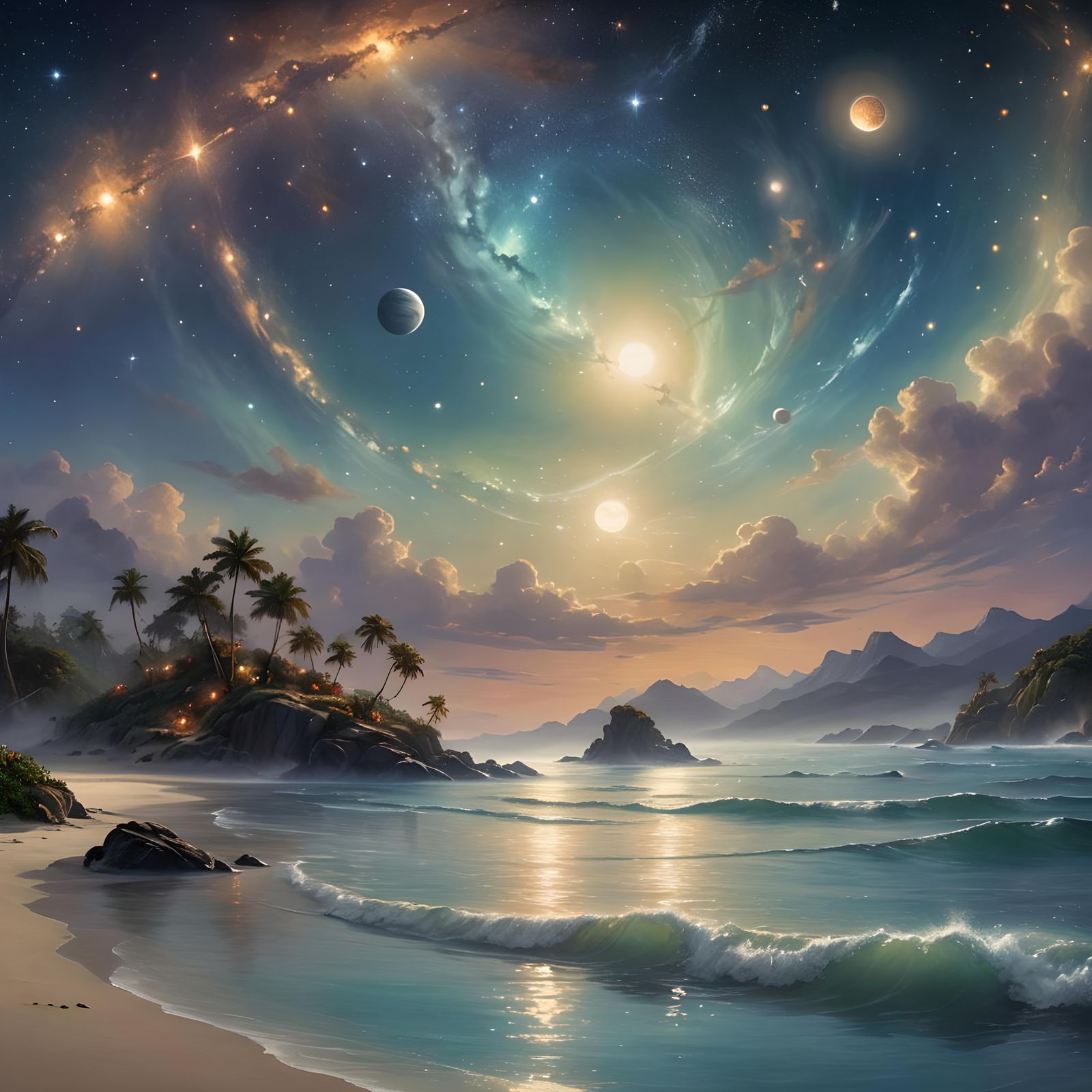 Celestial Moonlit Beachscape in Ethereal Fantasy Style
