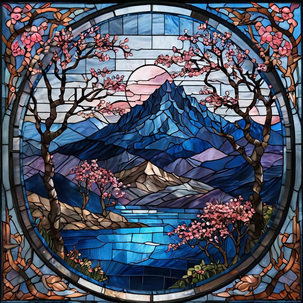 Gothic Stained Glass Window with Mountain Scene
