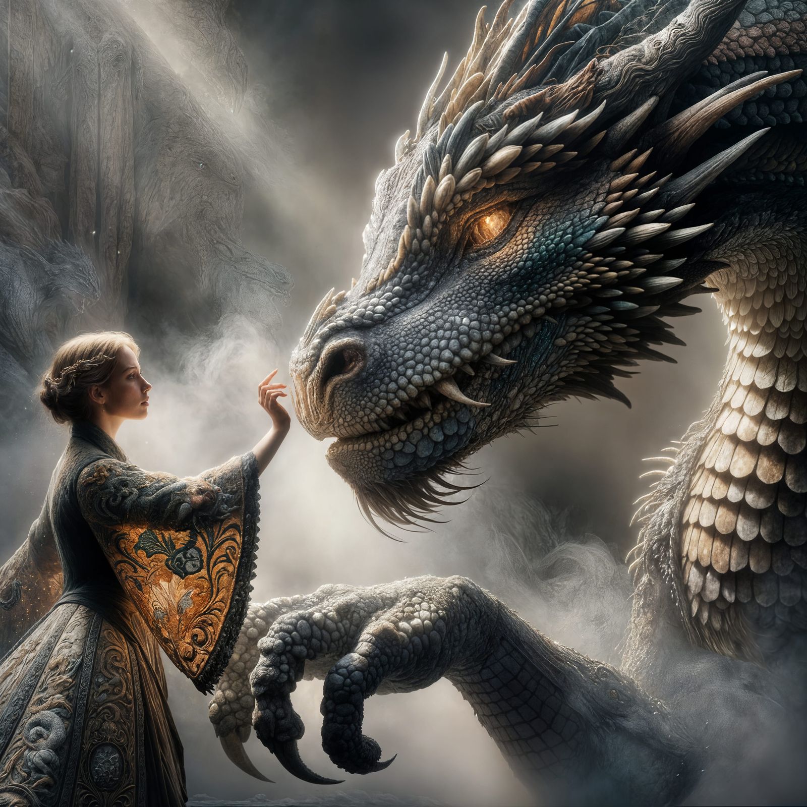 Woman Embraces Colossal Dragon in Misty Landscape