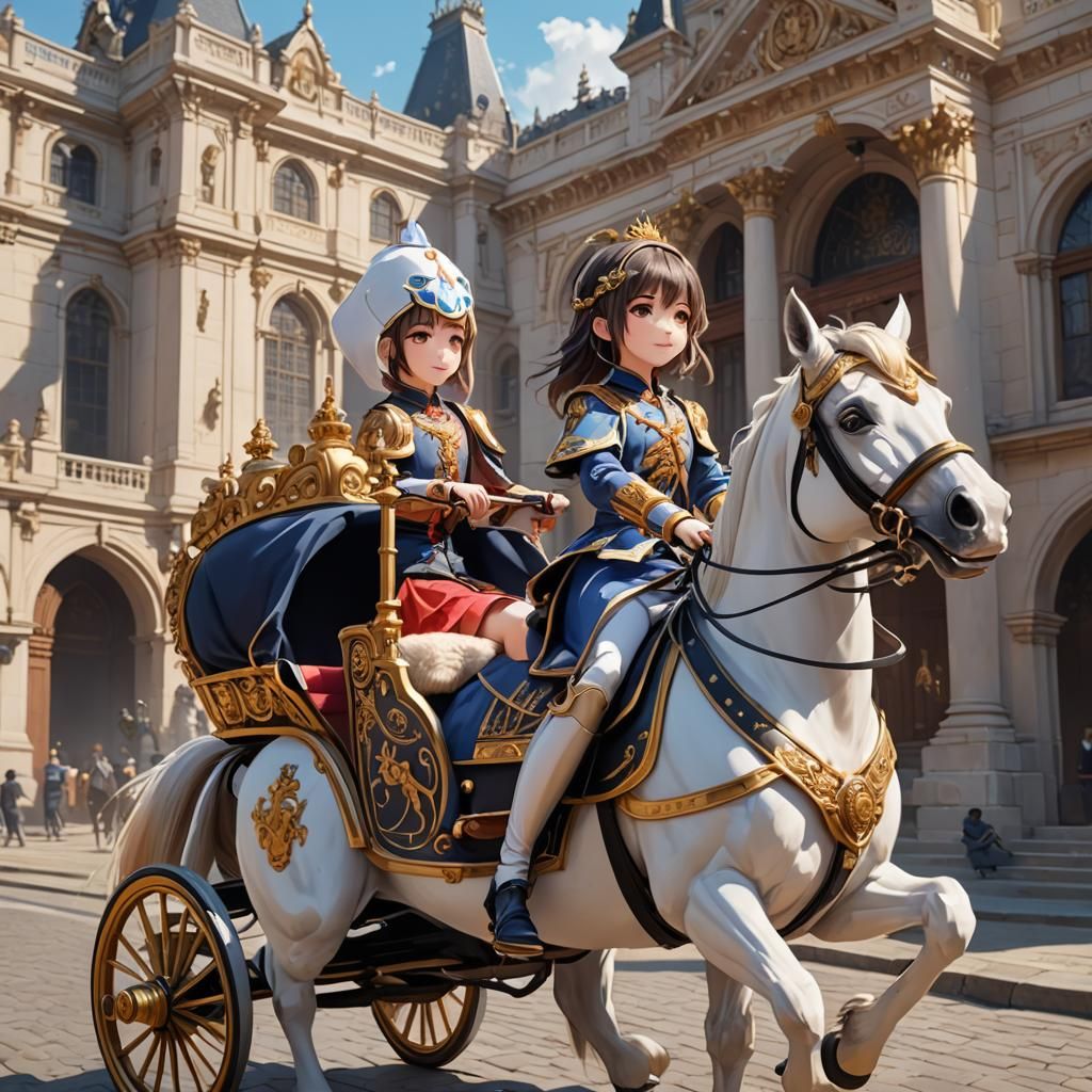 Cute Girl in Royal Horse Car: 3D Anime Art