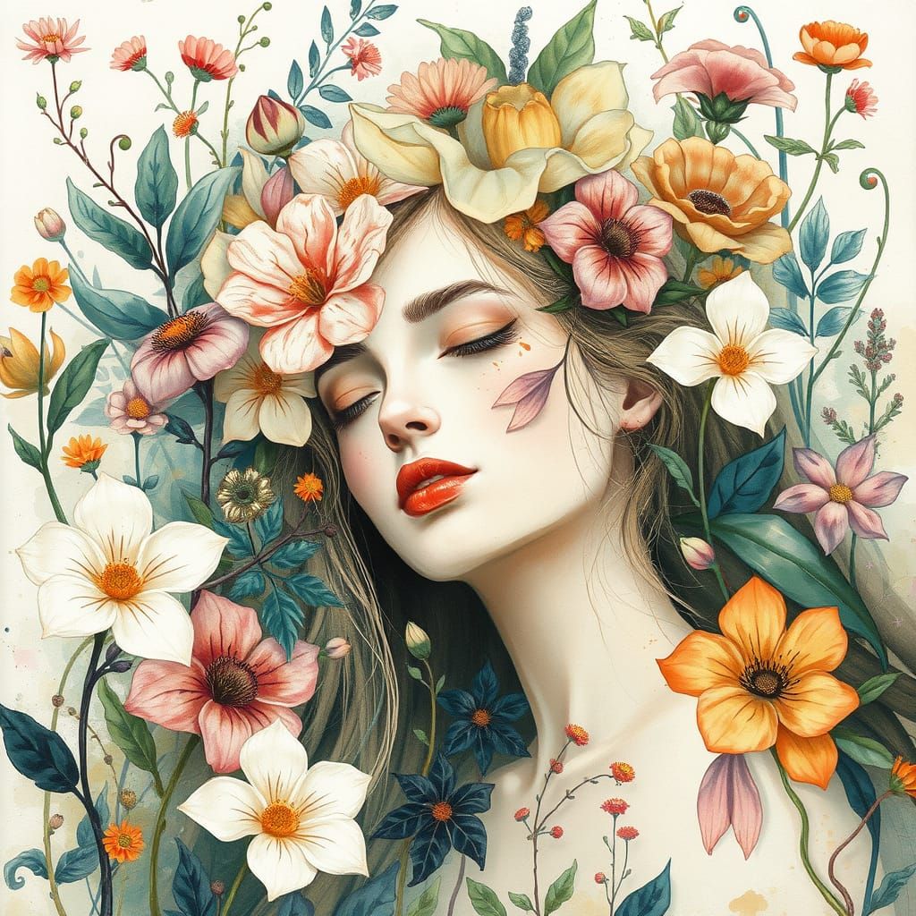 Ethereal Woman in Dreamlike Floral Watercolor