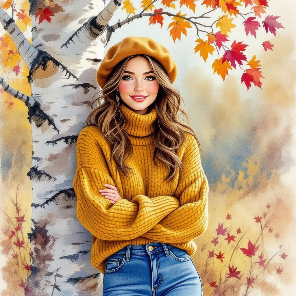 Woman in Autumn Birch Grove, Watercolor and Gouache Style