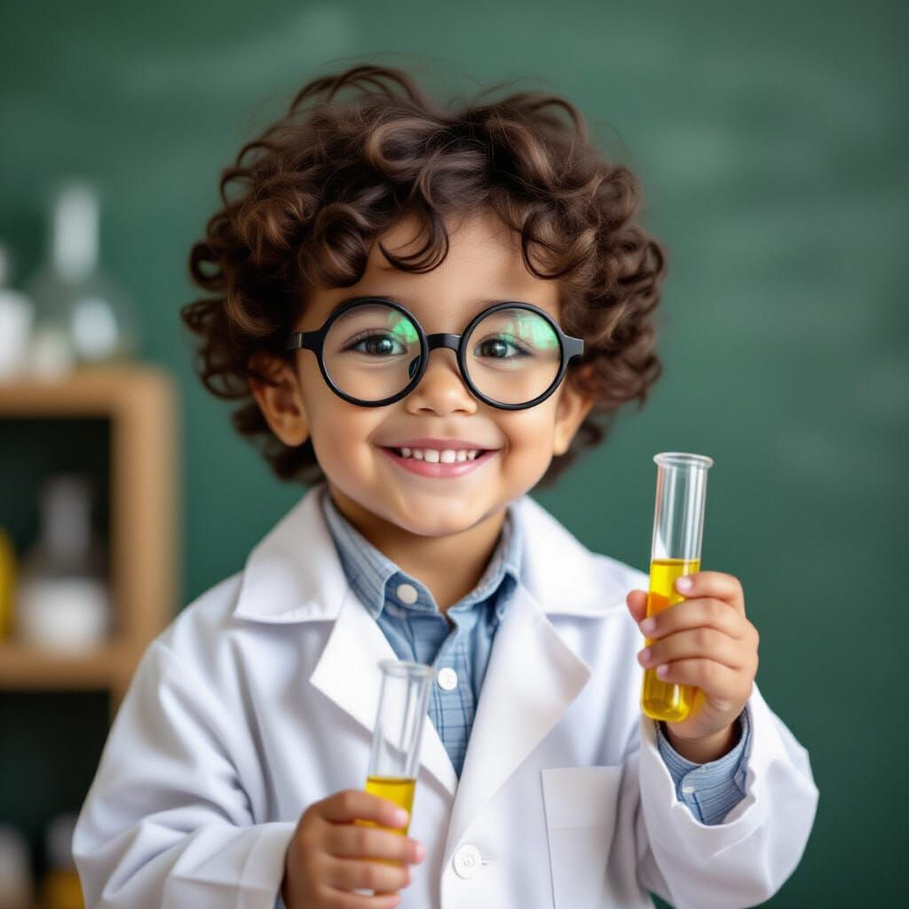 Young Scientist Boy in Glasses Holding Test Tube