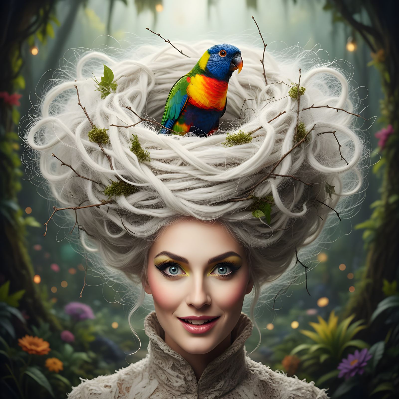 Bird Nest Hairstyle with Colorful Bird