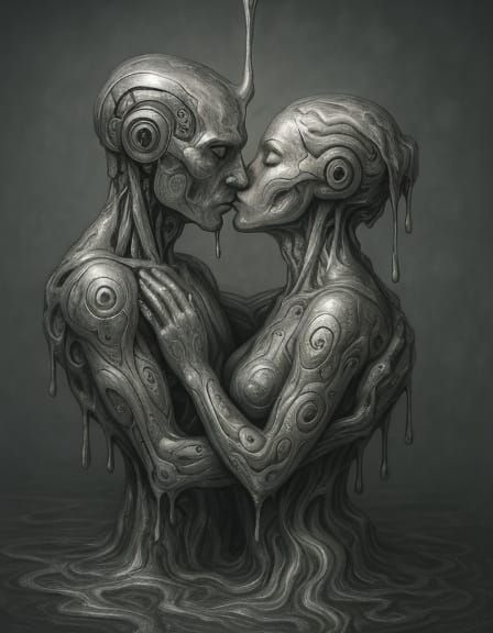 Surreal Robots Embracing in a Golden Kiss