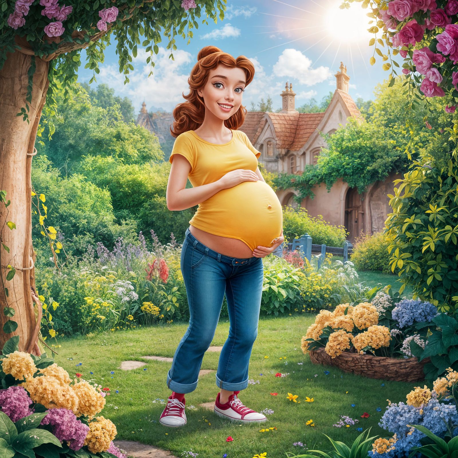 Pregnant Belle in Garden Scene with Disney Magic