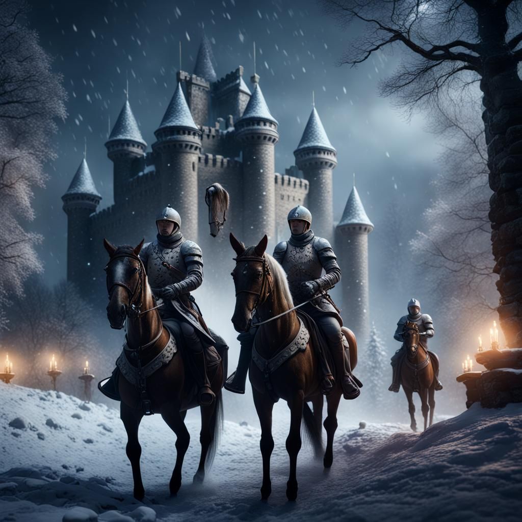 Snowy Castle War: Soldiers on Horses in Detailed Painting