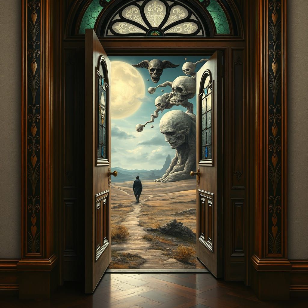 Surreal Mansion Doorway Reveals Dreamlike Realms