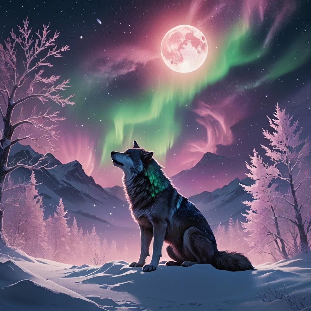 Wolf Howling at Moon Under Northern Lights