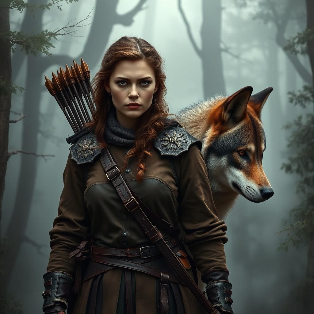 Woman and Wolf in Misty Forest, Gritty Realism