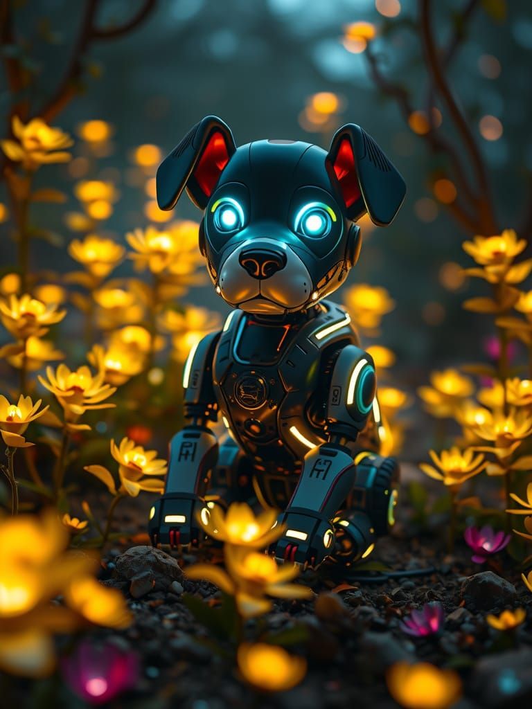 Neon Robot Puppy in Bioluminescent Garden