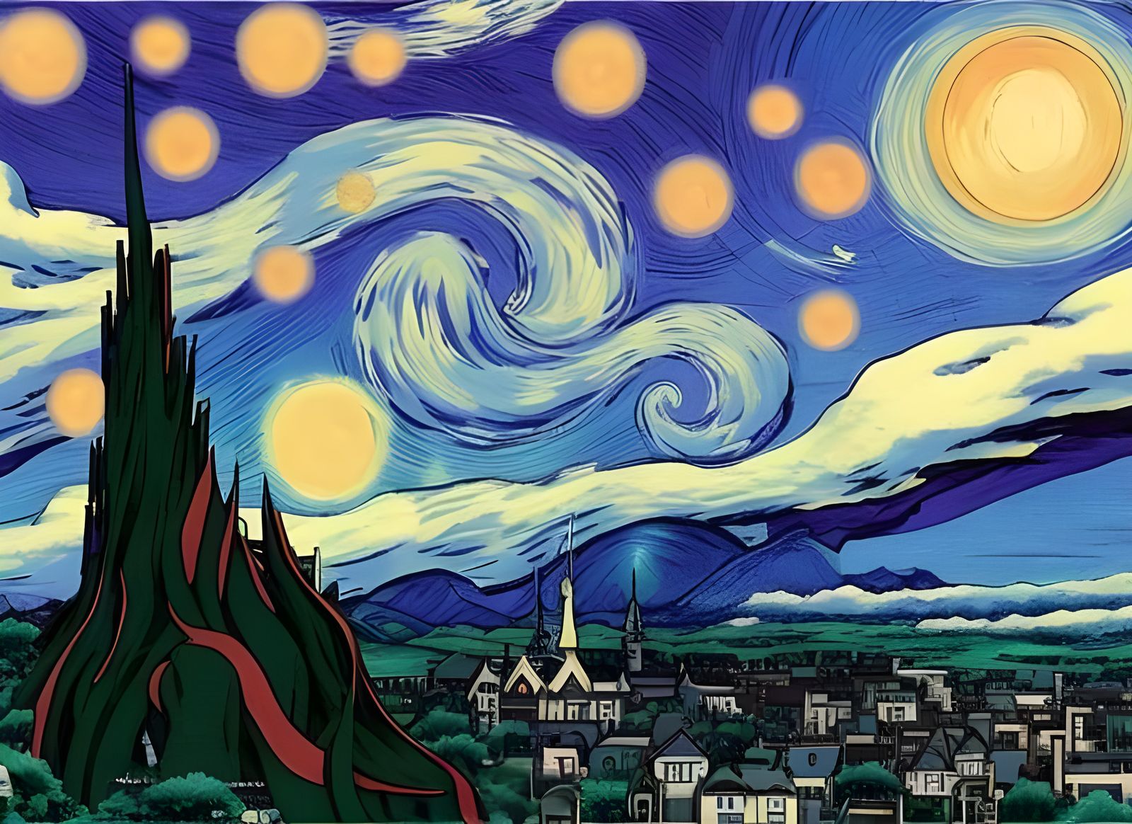 Anime Starry Night in Studio Ghibli Style