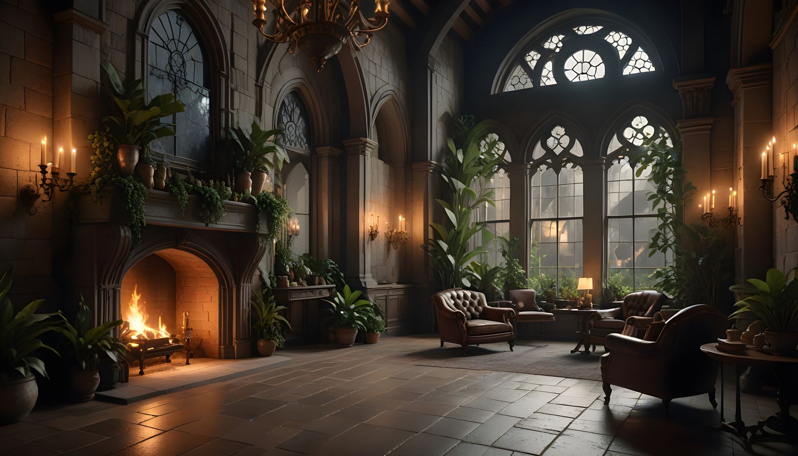 Elegant Castle Living Room with Fireplace and Plants