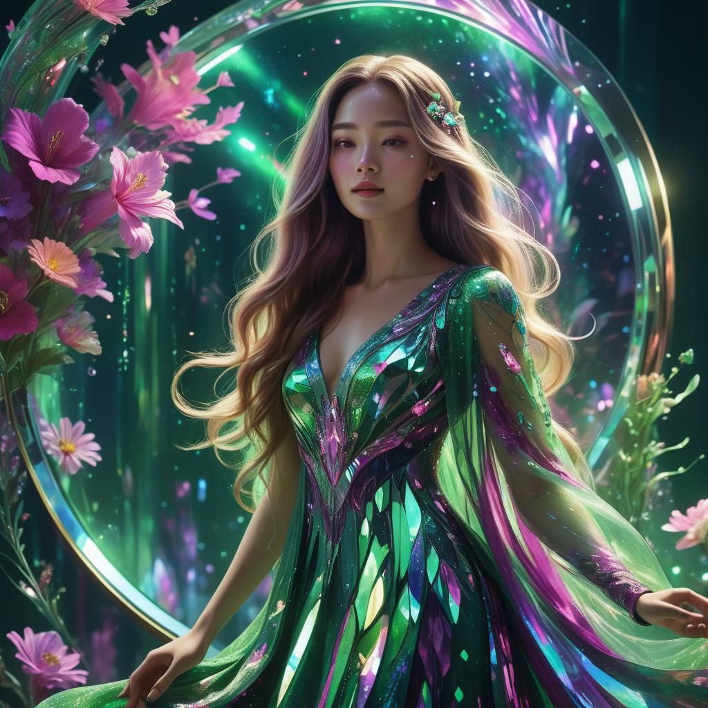 Ethereal Reflection: Lady and Holographic Creatures