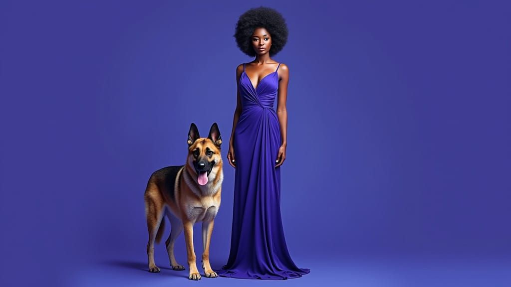 A Woman with Afro and German Mastiff in Photorealistic Style