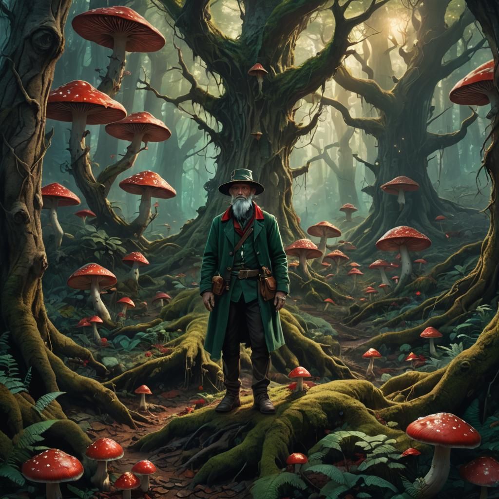 Mystical Hat Man in Ancient Forest Concept Art