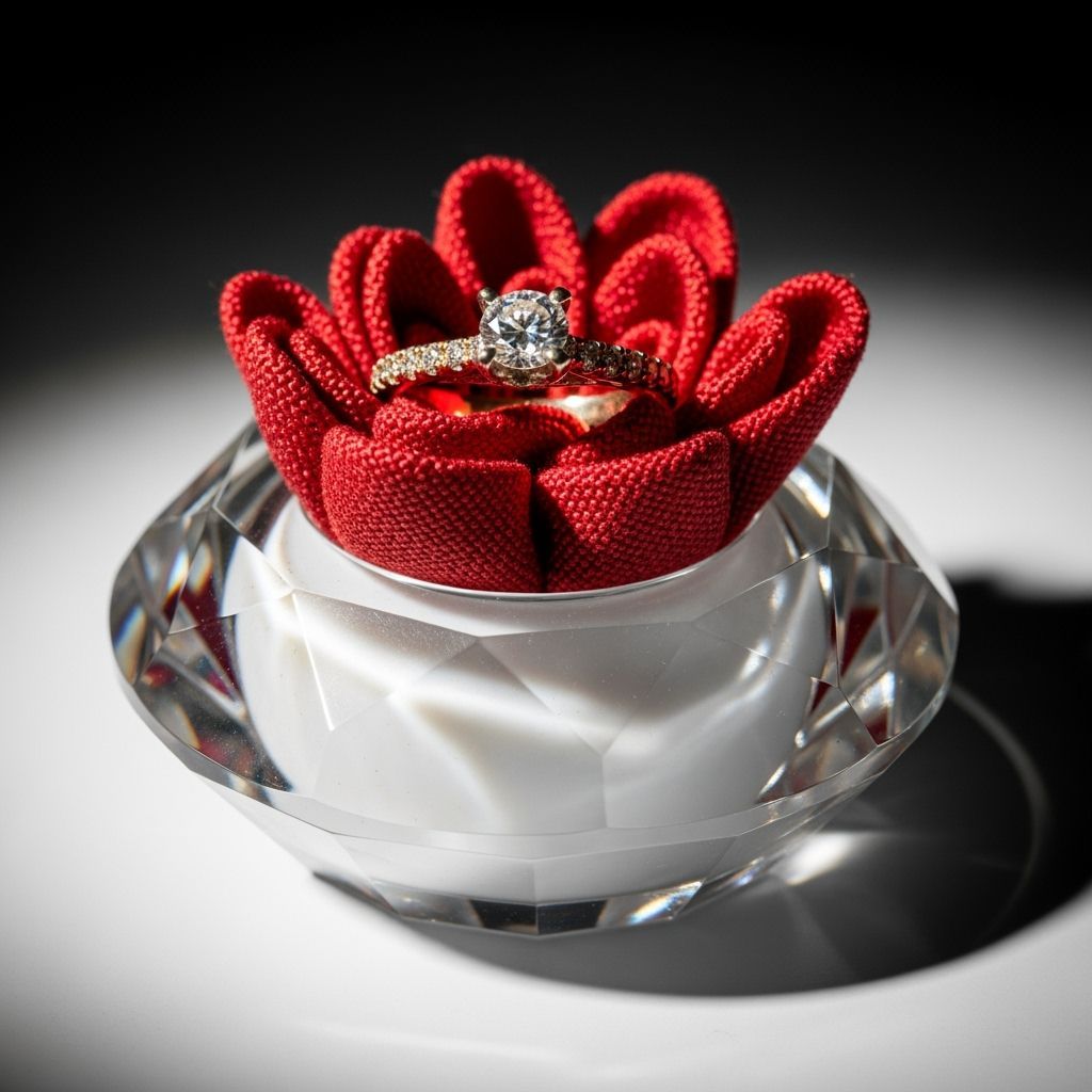 Elegant Diamond Ring Holder with Red Fabric Flower