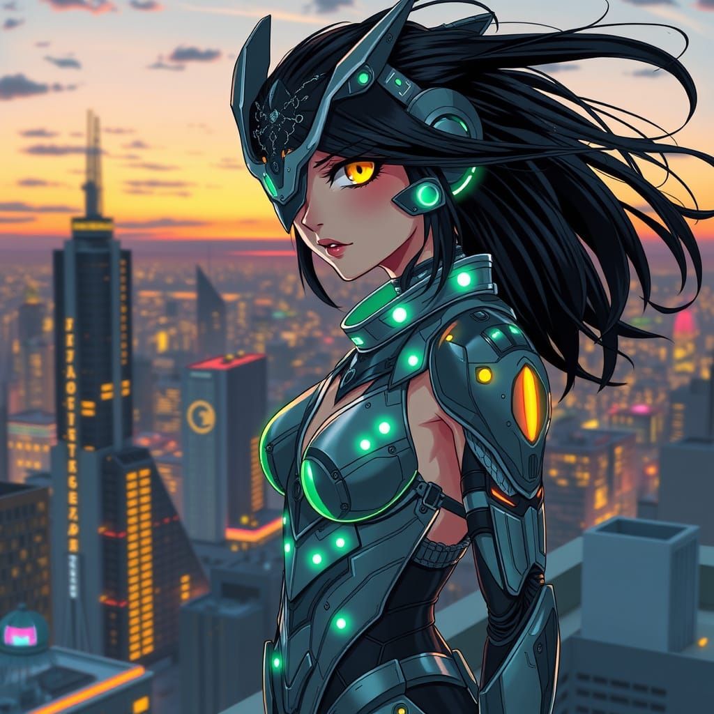 Cyberpunk Goddess Awakens Amidst Neon Skies
