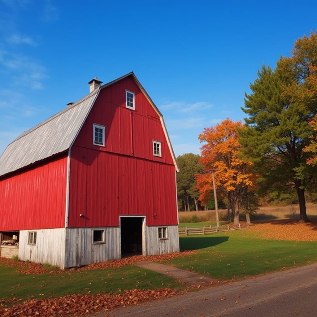 Autumn Red Barn on Country Road in Folk Art Style