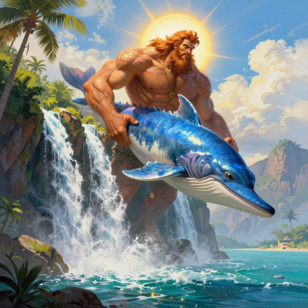 Giant Riding Whale Off Tropical Island Cliff