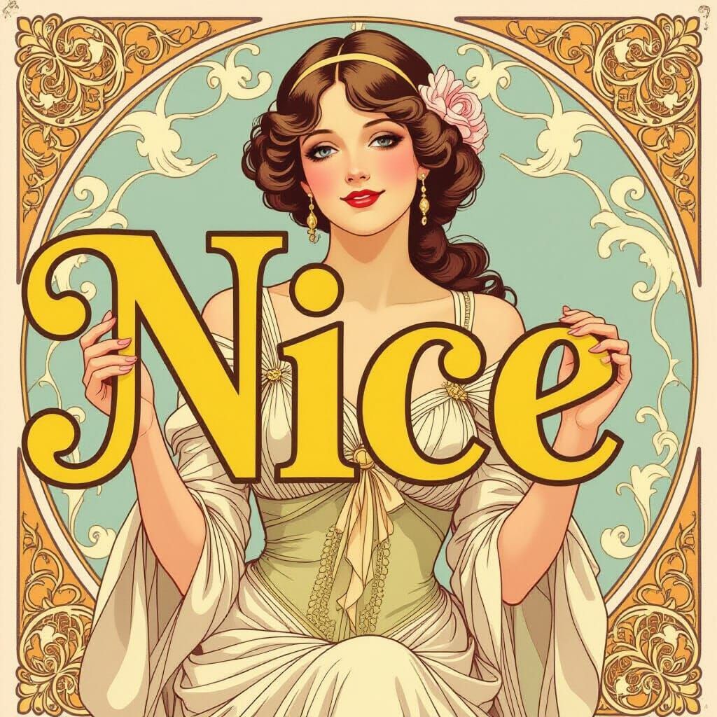 Elegant Woman Holds Golden "NICE" Letters in Art Nouveau Sty...