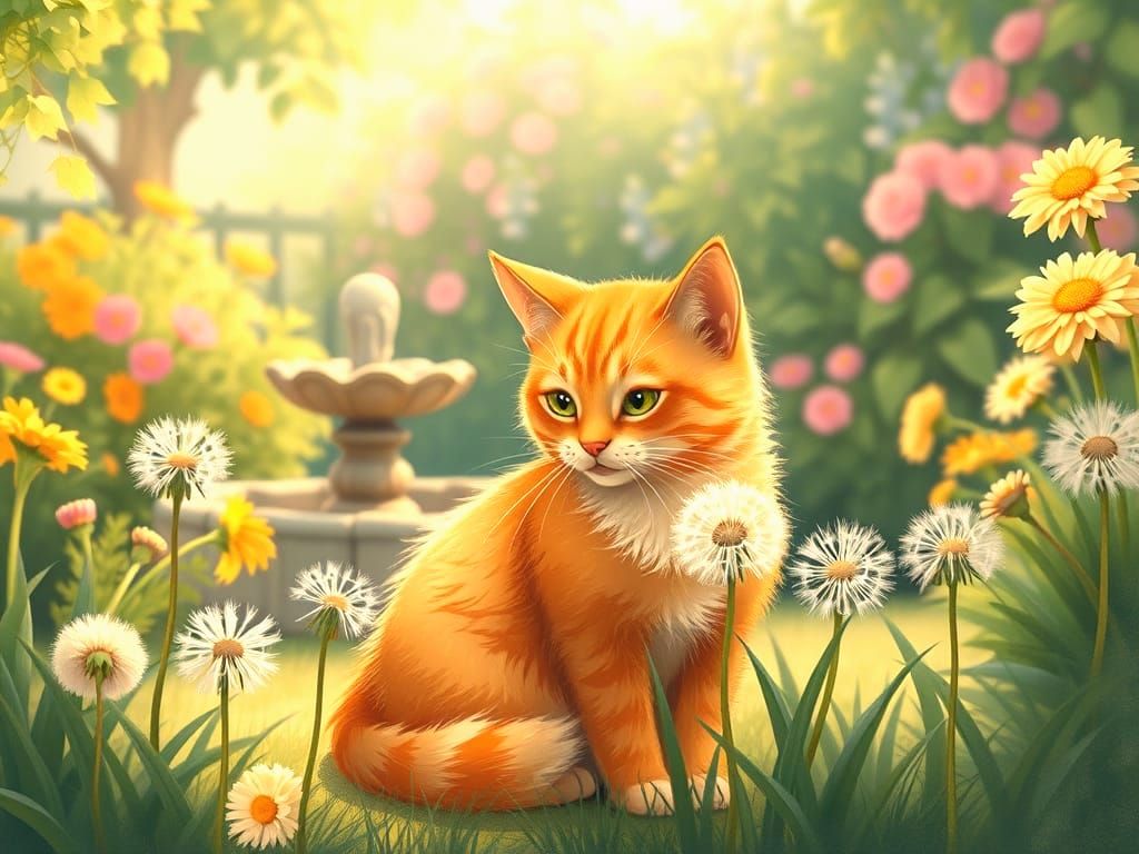 Ginger Cat Enjoys Dandelions in a Lush Garden