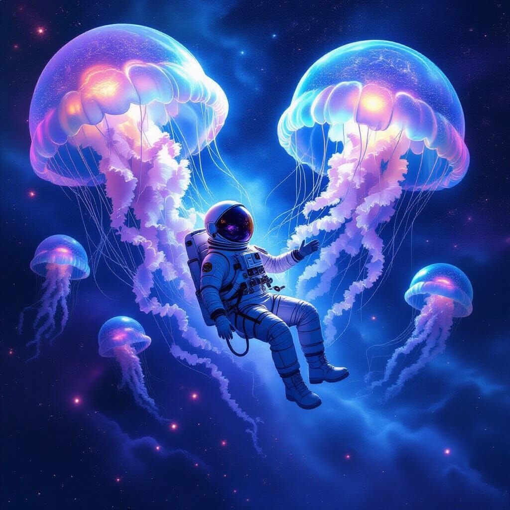 Astronaut Drifts with Bioluminescent Jellyfish in Nebula