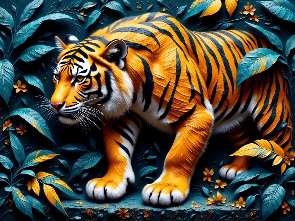 Majestic Tiger in Exotic Jungle, in Impasto Oil Painting Sty...