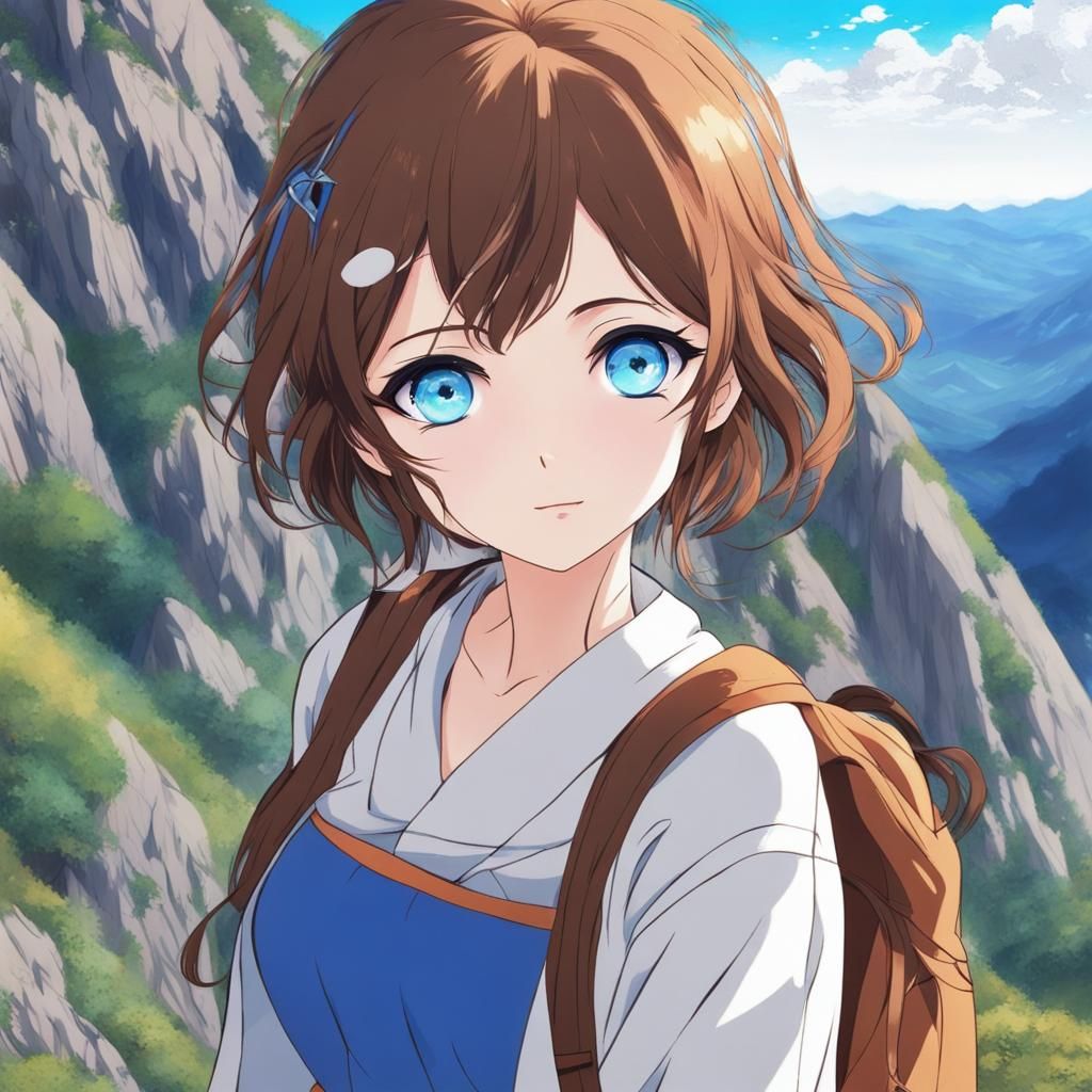 Anime Girl Hiking in the Mountains at Noon
